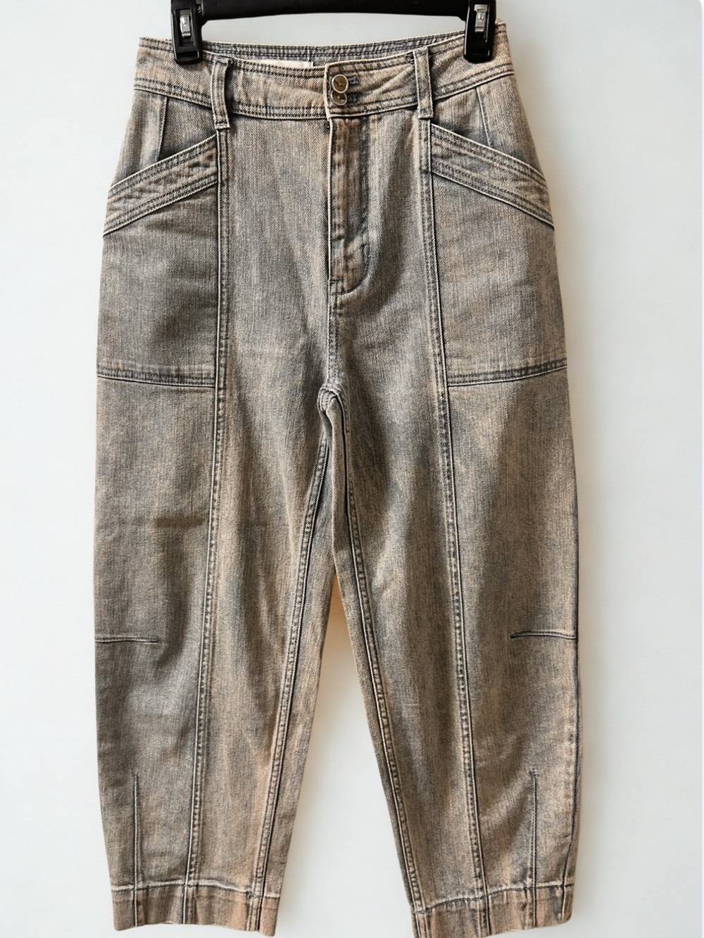 Anthro Pilcro High Rise Barrel Jeans Gray Sand Rinse 25 EUC Streetwear Horseshoe